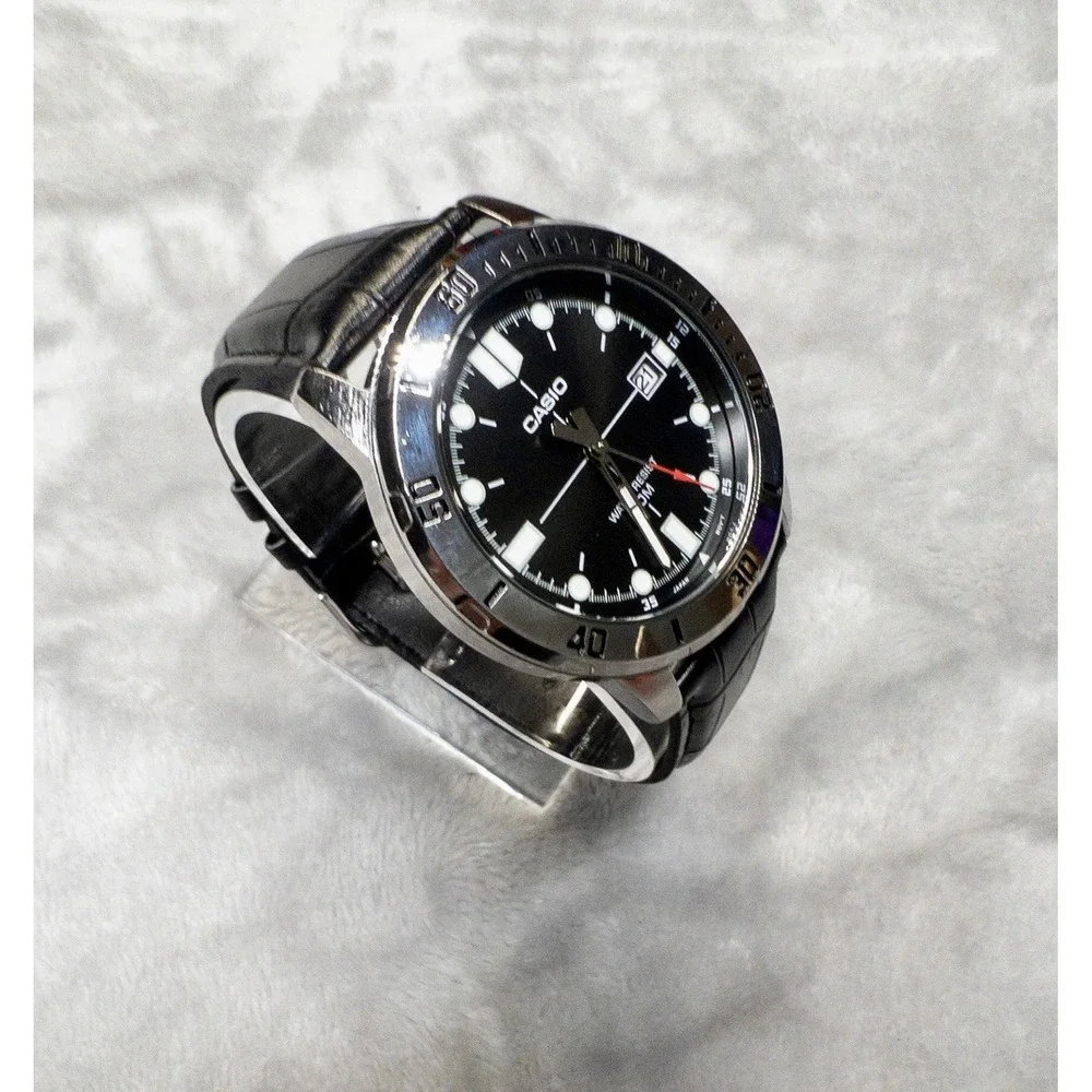 Casio MTP-VD01 Mens 43mm Day Indicator Watch Black Leather Band New Battery